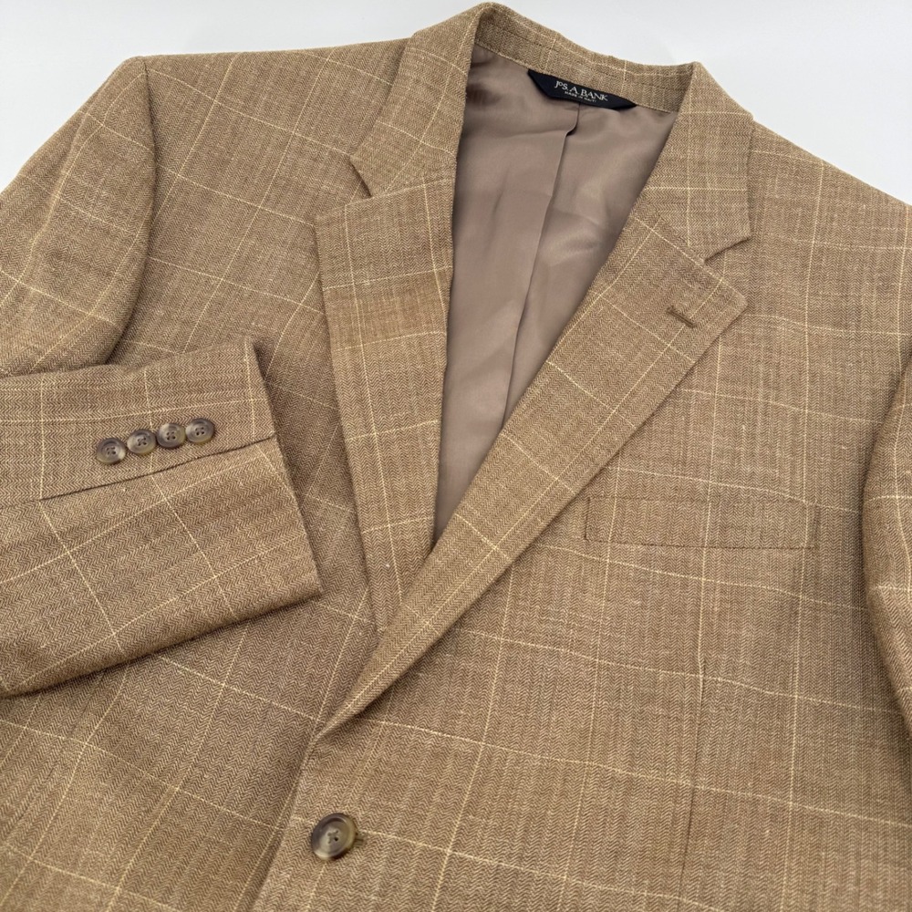 Jos. A. Bank Sport Coat Mens 44R Tan Silk Wool Linen Windowpane Blazer